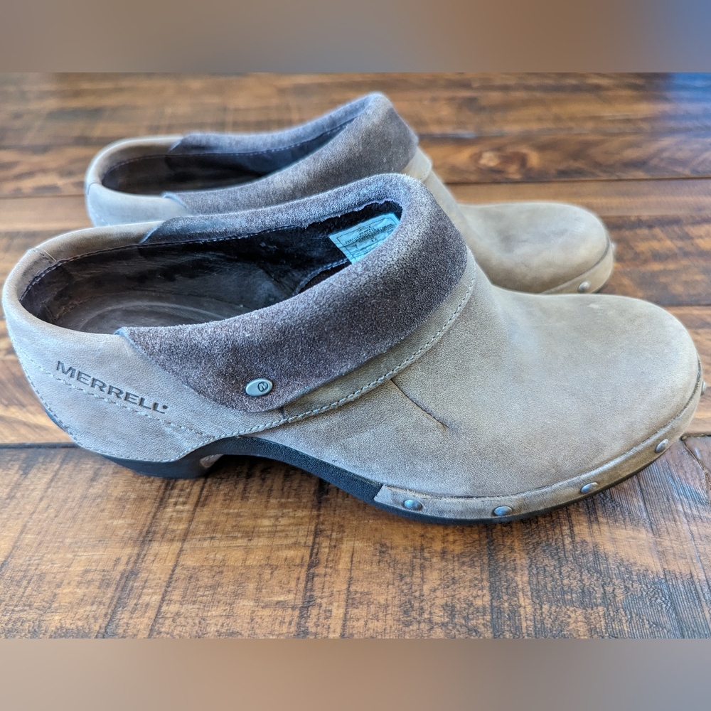 Merrell Womens Drizzle Slip On Clogs Mules Brown Leather Studded Shoes Sz 7